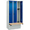 Vestiaire C+P Evolo Plus, 3 compartiments de 300 mm de large, socle, banquette flottante, L 900 x P 815 x H 1950 mm, loquet rotatif, gris clair/bleu gentiane