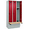 Vestiaire C+P Evolo Plus, 3 compartiments de 300 mm de large, socle, banquette flottante, L 900 x P 815 x H 1950 mm, loquet rotatif, gris clair/rouge rubis