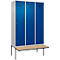 Vestiaire C+P Evolo Plus, 3 compartiments de 400 mm de large, banquette flottante, L 1200 x P 815 x H 2120 mm, cylindre, aluminium blanc/bleu gentiane