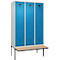 Vestiaire C+P Evolo Plus, 3 compartiments de 400 mm de large, banquette flottante, L 1200 x P 815 x H 2120 mm, cylindre, gris clair/bleu clair