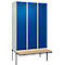 Vestiaire C+P Evolo Plus, 3 compartiments de 400 mm de large, banquette flottante, L 1200 x P 815 x H 2120 mm, cylindre, gris clair/bleu gentiane