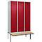 Vestiaire C+P Evolo Plus, 3 compartiments de 400 mm de large, banquette flottante, L 1200 x P 815 x H 2120 mm, cylindre, gris clair/rouge rubis