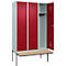 Vestiaire C+P Evolo Plus, 3 compartiments de 400 mm de large, banquette flottante, L 1200 x P 815 x H 2120 mm, cylindre, gris clair/rouge rubis
