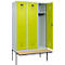 Vestiaire C+P Evolo Plus, 3 compartiments de 400 mm de large, banquette flottante, L 1200 x P 815 x H 2120 mm, cylindre, gris clair/vert clown