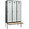 Vestiaire C+P Evolo Plus, 3 compartiments de 400 mm de large, banquette flottante, L 1200 x P 815 x H 2120 mm, loquet rotatif, gris anthracite/gris clair