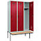 Vestiaire C+P Evolo Plus, 3 compartiments de 400 mm de large, banquette flottante, L 1200 x P 815 x H 2120 mm, loquet rotatif, gris clair/rouge rubis
