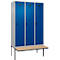 Vestiaire C+P Evolo Plus, 3 compartiments de 400 mm de large, banquette flottante, L 1200 x P 815 x H 2120 mm, verrou tournant, aluminium blanc/bleu gentiane