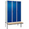 Vestiaire C+P Evolo Plus, 3 compartiments de 400 mm de large, banquette flottante, L 1200 x P 815 x H 2120 mm, verrou tournant, gris clair/bleu gentiane