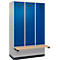 Vestiaire C+P Evolo Plus, 3 compartiments de 400 mm de large, socle, banc flottant, L 1200 x P 815 x H 1950 mm, cylindre, aluminium blanc/bleu gentiane