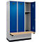 Vestiaire C+P Evolo Plus, 3 compartiments de 400 mm de large, socle, banc flottant, L 1200 x P 815 x H 1950 mm, cylindre, aluminium blanc/bleu gentiane