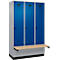 Vestiaire C+P Evolo Plus, 3 compartiments de 400 mm de large, socle, banc flottant, L 1200 x P 815 x H 1950 mm, verrou rotatif, aluminium blanc/bleu gentiane