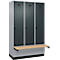 Vestiaire C+P Evolo Plus, 3 compartiments de 400 mm de large, socle, banc flottant, L 1200 x P 815 x H 1950 mm, verrou rotatif, aluminium blanc/gris anthracite