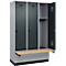 Vestiaire C+P Evolo Plus, 3 compartiments de 400 mm de large, socle, banc flottant, L 1200 x P 815 x H 1950 mm, verrou rotatif, aluminium blanc/gris anthracite