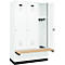 Vestiaire C+P Evolo Plus, 3 compartiments de 400 mm de large, socle, banquette flottante, L 1200 x P 815 x H 1950 mm, cylindre, blanc signalisation/blanc trafic