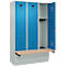 Vestiaire C+P Evolo Plus, 3 compartiments de 400 mm de large, socle, banquette flottante, L 1200 x P 815 x H 1950 mm, cylindre, gris clair/bleu clair