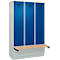 Vestiaire C+P Evolo Plus, 3 compartiments de 400 mm de large, socle, banquette flottante, L 1200 x P 815 x H 1950 mm, cylindre, gris clair/bleu gentiane