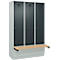 Vestiaire C+P Evolo Plus, 3 compartiments de 400 mm de large, socle, banquette flottante, L 1200 x P 815 x H 1950 mm, cylindre, gris clair/gris anthracite