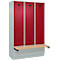 Vestiaire C+P Evolo Plus, 3 compartiments de 400 mm de large, socle, banquette flottante, L 1200 x P 815 x H 1950 mm, cylindre, gris clair/rouge rubis