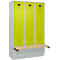 Vestiaire C+P Evolo Plus, 3 compartiments de 400 mm de large, socle, banquette flottante, L 1200 x P 815 x H 1950 mm, cylindre, gris clair/vert clown