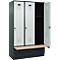 Vestiaire C+P Evolo Plus, 3 compartiments de 400 mm de large, socle, banquette flottante, L 1200 x P 815 x H 1950 mm, loquet rotatif, gris anthracite/gris clair