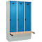 Vestiaire C+P Evolo Plus, 3 compartiments de 400 mm de large, socle, banquette flottante, L 1200 x P 815 x H 1950 mm, loquet rotatif, gris clair/bleu clair