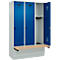 Vestiaire C+P Evolo Plus, 3 compartiments de 400 mm de large, socle, banquette flottante, L 1200 x P 815 x H 1950 mm, loquet rotatif, gris clair/bleu gentiane