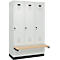Vestiaire C+P Evolo Plus, 3 compartiments de 400 mm de large, socle, banquette flottante, L 1200 x P 815 x H 1950 mm, loquet rotatif, gris clair/gris clair