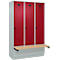 Vestiaire C+P Evolo Plus, 3 compartiments de 400 mm de large, socle, banquette flottante, L 1200 x P 815 x H 1950 mm, loquet rotatif, gris clair/rouge rubis