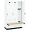 Vestiaire C+P Evolo Plus, 3 compartiments de 400 mm de large, socle, banquette flottante, L 1200 x P 815 x H 1950 mm, verrou rotatif, blanc signalisation/blanc trafic