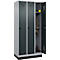 Vestiaire C+P Evolo Plus, 3 compartiments, largeur de compartiment 300 mm, avec socle, butée à droite, butée Soft, anti-effraction, L 900 x P 500 x H 1950 mm, fermeture de sécurité à pêne rotatif, aluminium blanc RAL 9006/gris anthracite RAL 7016