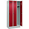 Vestiaire C+P Evolo Plus, 3 compartiments, largeur de compartiment 300 mm, avec socle, butée à droite, butée Soft, anti-effraction, L 900 x P 500 x H 1950 mm, fermeture de sécurité à pêne rotatif, gris clair RAL 7035/rouge rubis RAL 3003