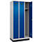 Vestiaire C+P Evolo Plus, 3 compartiments, largeur de compartiment 300 mm, avec socle, butée à droite, butée Soft, anti-effraction, L 900 x P 500 x H 1950 mm, serrure à cylindre, aluminium blanc RAL 9006/bleu enzyme RAL 5010