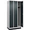 Vestiaire C+P Evolo Plus, 3 compartiments, largeur de compartiment 300 mm, avec socle, butée à droite, butée Soft, anti-effraction, L 900 x P 500 x H 1950 mm, serrure à cylindre, aluminium blanc RAL 9006/gris anthracite RAL 7016