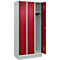 Vestiaire C+P Evolo Plus, 3 compartiments, largeur de compartiment 300 mm, avec socle, butée à droite, butée Soft, anti-effraction, L 900 x P 500 x H 1950 mm, serrure à cylindre, gris clair RAL 7035/rouge rubis RAL 3003