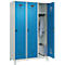 Vestiaire C+P Evolo Plus, 3 compartiments, largeur de compartiment 400 mm, avec pieds, butée à droite, butée Soft, anti-effraction, L 1200 x P 500 x H 1950 mm, fermeture de sécurité à pêne rotatif, gris clair RAL 7035/bleu clair RAL 5012