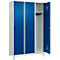 Vestiaire C+P Evolo Plus, 3 compartiments, largeur de compartiment 400 mm, avec pieds, butée à droite, butée Soft, anti-effraction, L 1200 x P 500 x H 1950 mm, fermeture de sécurité à pêne rotatif, gris clair RAL 7035/bleu enzyme RAL 5010