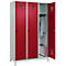 Vestiaire C+P Evolo Plus, 3 compartiments, largeur de compartiment 400 mm, avec pieds, butée à droite, butée Soft, anti-effraction, L 1200 x P 500 x H 1950 mm, fermeture de sécurité à pêne rotatif, gris clair RAL 7035/rouge rubis RAL 3003