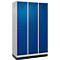 Vestiaire C+P Evolo Plus, 3 compartiments, largeur de compartiment 400 mm, avec socle, charnières à droite, L 1200 x P 500 x H 1950 mm, cylindre, aluminium blanc/bleu enzyme