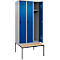 Vestiaire C+P Evolo Plus, 3 compartiments, largeur des compartiments 300 mm, avec banc encastré, L 900 x P 815 x H 2120 mm, loquet rotatif, blanc aluminium/bleu gentiane