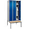 Vestiaire C+P Evolo Plus, 3 compartiments, largeur des compartiments 300 mm, avec banc encastré, L 900 x P 815 x H 2120 mm, loquet rotatif, blanc aluminium/bleu gentiane