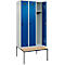 Vestiaire C+P Evolo Plus, 3 compartiments, largeur des compartiments 300 mm, avec banc encastré, L 900 x P 815 x H 2120 mm, verrou rotatif, gris clair/bleu gentiane