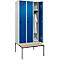 Vestiaire C+P Evolo Plus, 3 compartiments, largeur des compartiments 300 mm, avec banc encastré, L 900 x P 815 x H 2120 mm, verrou rotatif, gris clair/bleu gentiane