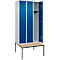 Vestiaire C+P Evolo Plus, 3 compartiments, largeur des compartiments 300 mm, avec banquette encastrée, L 900 x P 815 x H 2120 mm, cylindre, gris clair/bleu gentiane