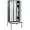 Vestiaire C+P Evolo Plus, 3 compartiments, largeur des compartiments 300 mm, avec banquette encastrée, L 900 x P 815 x H 2120 mm, verrou rotatif, gris anthracite/gris clair