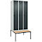 Vestiaire C+P Evolo Plus, 3 compartiments, largeur des compartiments 300 mm, avec banquette encastrée, L 900 x P 815 x H 2120 mm, verrou rotatif, gris clair/gris anthracite