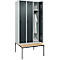 Vestiaire C+P Evolo Plus, 3 compartiments, largeur des compartiments 300 mm, avec banquette encastrée, L 900 x P 815 x H 2120 mm, verrou rotatif, gris clair/gris anthracite