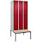 Vestiaire C+P Evolo Plus, 3 compartiments, largeur des compartiments 300 mm, avec banquette encastrée, L 900 x P 815 x H 2120 mm, verrou rotatif, gris clair/rouge rubis