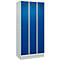 Vestiaire C+P Evolo Plus, 3 compartiments, largeur des compartiments 300 mm, avec socle, butée à droite, butée Soft, anti-effraction, L 900 x P 500 x H 1950 mm, serrure à cylindre, gris clair RAL 7035/bleu enzyme RAL 5010
