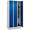 Vestiaire C+P Evolo Plus, 3 compartiments, largeur des compartiments 300 mm, avec socle, butée à droite, butée Soft, anti-effraction, L 900 x P 500 x H 1950 mm, serrure à cylindre, gris clair RAL 7035/bleu enzyme RAL 5010