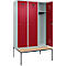Vestiaire C+P Evolo Plus, 3 compartiments, largeur des compartiments 400 mm, avec banc encastré, L 1200 x P 815 x H 2120 mm, cylindre, gris clair/rouge rubis